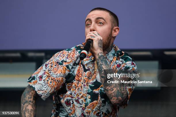 The DJ Mac Miller performs live on stage during the second day of Lollapalooza Brazil Festival at Interlagos Racetrack on March 24, 2018 in Sao...