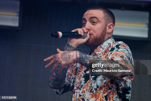 The DJ Mac Miller performs live on stage during the second day of Lollapalooza Brazil Festival at Interlagos Racetrack on March 24, 2018 in Sao...