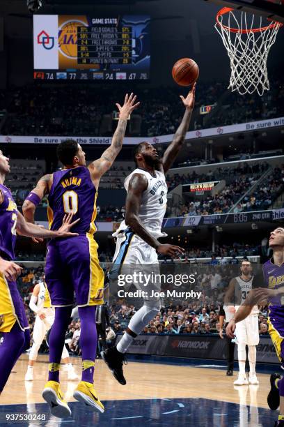 JaMychal Green of the Memphis Grizzlies goes to the basket against the Los Angeles Lakers on March 24, 2018 at FedExForum in Memphis, Tennessee. NOTE...