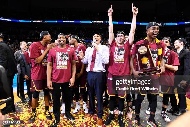 The Loyola Chicago Ramblers celebrate their win over Kansas State Wildcats in the fourth round of the 2018 NCAA Photos via Getty Images Men's...