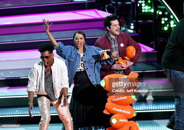 Brandon Mychal Smith, Kat Graham, and Ben Schwartz speak onstage at Nickelodeon's 2018 Kids' Choice Awards at The Forum on March 24, 2018 in...