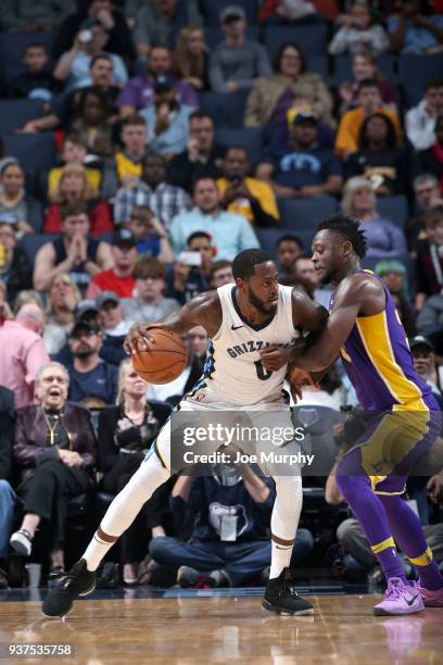 JaMychal Green of the Memphis Grizzlies handles the ball against the Los Angeles Lakers on March 24, 2018 at FedExForum in Memphis, Tennessee. NOTE...