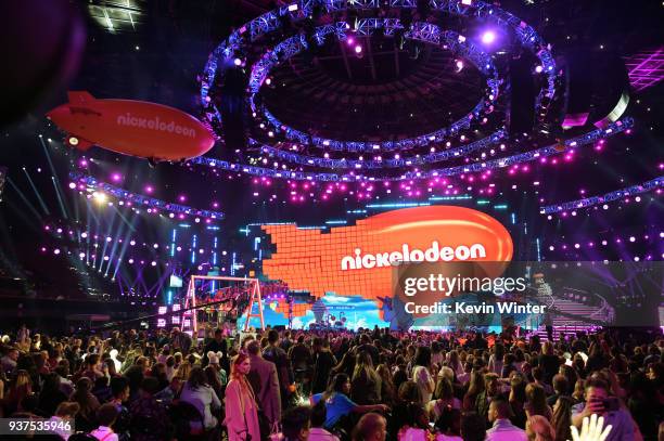 View of the stage at Nickelodeon's 2018 Kids' Choice Awards at The Forum on March 24, 2018 in Inglewood, California.