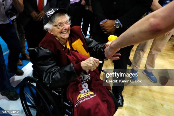 Sister Jean Dolores Schmidt celebrates with the Loyola Ramblers after defeating the Kansas State Wildcats during the 2018 NCAA Men's Basketball...