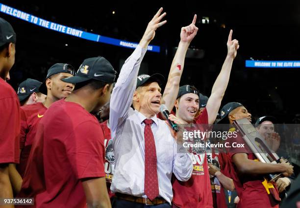 Head coach Porter Moser of the Loyola Ramblers speaks to the fans after his teams win over the Kansas State Wildcats during the 2018 NCAA Men's...