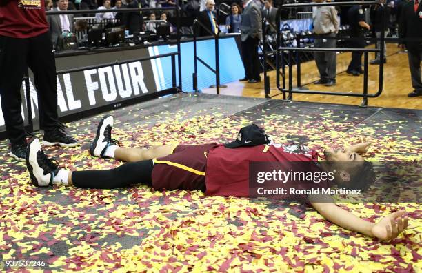 Adarius Avery of the Loyola Ramblers celebrates after defeating the Kansas State Wildcats during the 2018 NCAA Men's Basketball Tournament South...