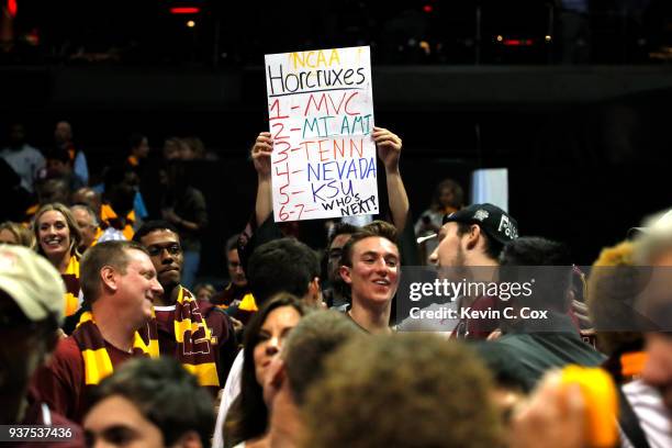 Loyola Ramblers fan holds a sign after their teams win over the Kansas State Wildcats in the 2018 NCAA Men's Basketball Tournament South Regional at...