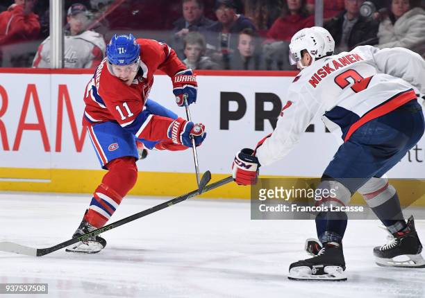 Brendan Gallagher of the Montreal Canadiens fires a slap shot against the Washington Capitals on his 400th NHL game at the Bell Centre on March 24,...