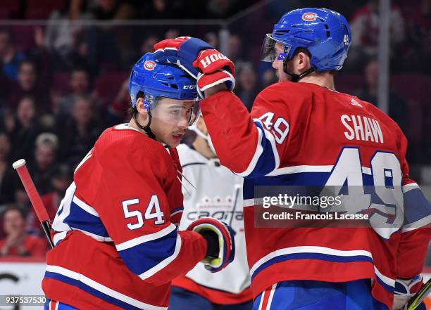 Charles Hudon of the Montreal Canadiens celebrates after scoring his second goal against the Washington Capitals in the NHL game at the Bell Centre...