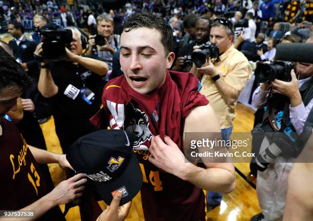 Ben Richardson of the Loyola Ramblers celebrates after defeating Kansas State Wildcats during the 2018 NCAA Men's Basketball Tournament South...