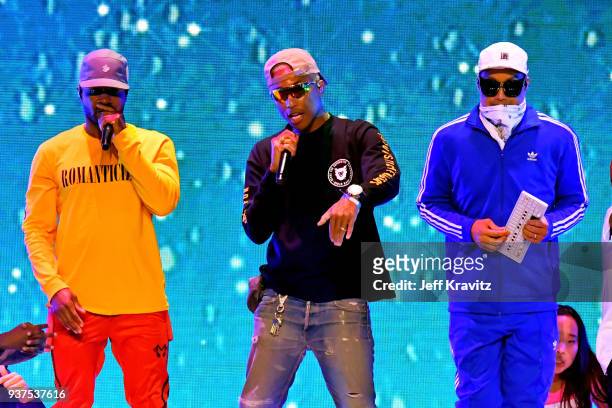 Shay Haley, Pharrell Williams, and Chad Hugo of music group N.E.R.D perform onstage at Nickelodeon's 2018 Kids' Choice Awards at The Forum on March...