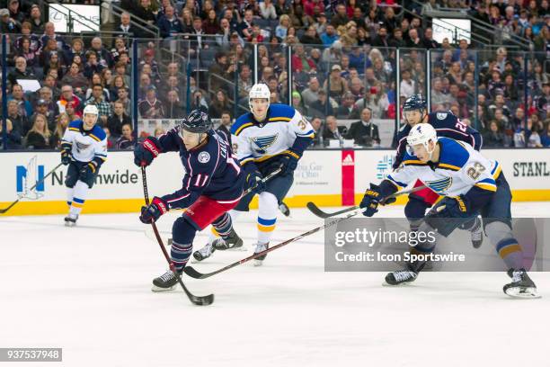 Columbus Blue Jackets left wing Matt Calvert attempts a shot on goal in the third period of a game between the Columbus Blue Jackets and the St....