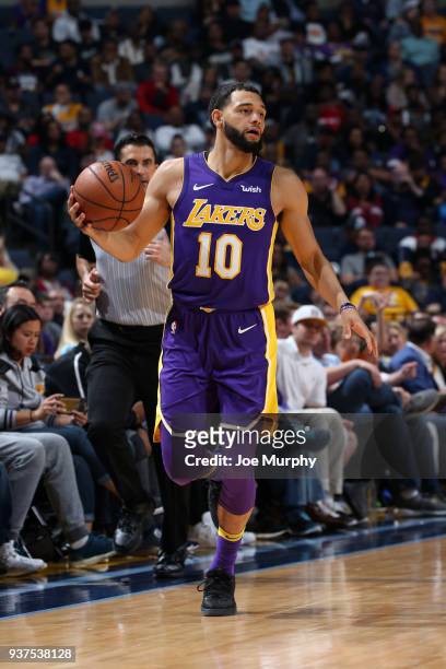 Tyler Ennis of the Los Angeles Lakers handles the ball against the Memphis Grizzlies on March 24, 2018 at FedExForum in Memphis, Tennessee. NOTE TO...