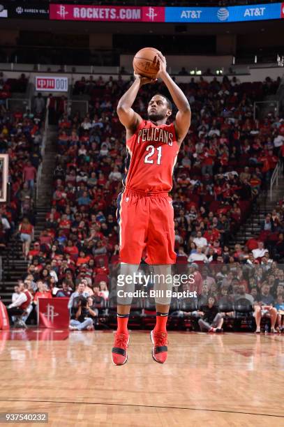 Darius Miller of the New Orleans Pelicans shoots the ball against the Houston Rockets on March 24, 2018 at the Toyota Center in Houston, Texas. NOTE...