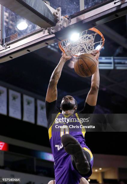 James Southerland of the South Bay Lakers dunks the ball against the Austin Spurs during the NBA G-League on March 24, 2018 at the H-E-B Center At...