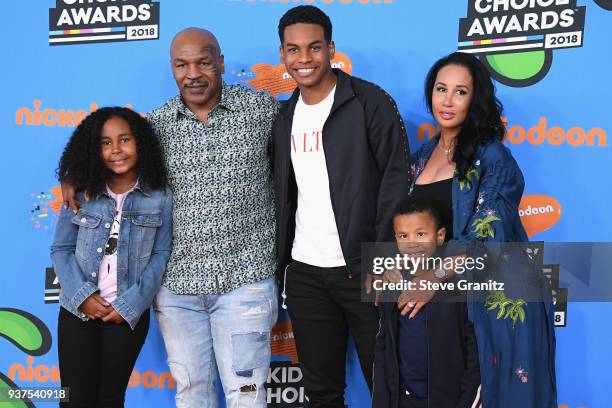 Mike Tyson with Lakiha Tyson and Milan Tyson, Miguel Tyson, and Morocco Tyson attend Nickelodeon's 2018 Kids' Choice Awards at The Forum on March 24,...