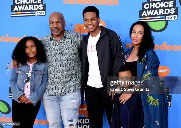 Mike Tyson with Lakiha Tyson and Milan Tyson, Miguel Tyson, and Morocco Tyson attend Nickelodeon's 2018 Kids' Choice Awards at The Forum on March 24,...