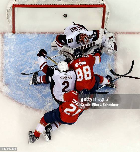Vincent Trocheck of the Florida Panthers shoots and scores in the third period against Goaltender Darcy Kuemper of the Arizona Coyotes at the BB&T...