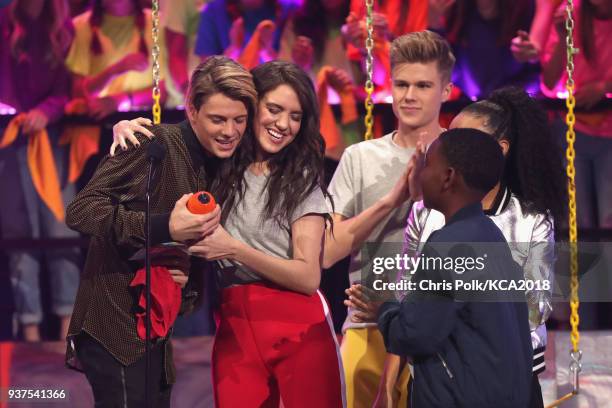 Jace Norman accepts Favorite TV Actor for 'Henry Danger' from Owen Joyner, Lilimar Hernandez and Daniella Perkins onstage at Nickelodeon's 2018 Kids'...