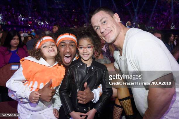 Moroccan Scott Cannon, Nick Cannon, Monroe Cannon and John Cena attend Nickelodeon's 2018 Kids' Choice Awards at The Forum on March 24, 2018 in...
