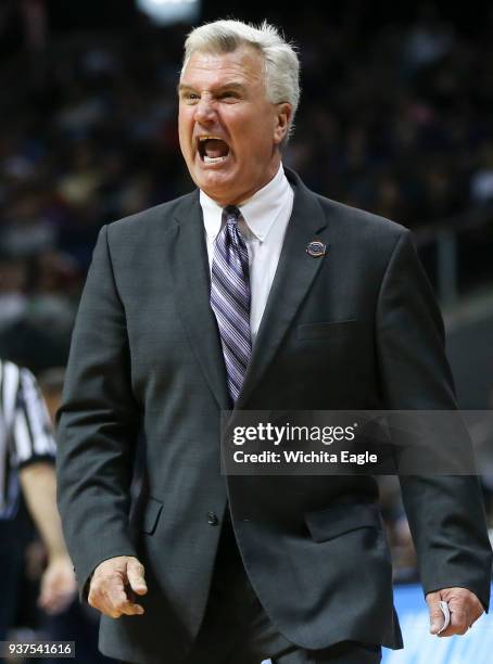 Kansas State head coach Bruce Weber yells at his team during the second half against Loyola in an NCAA Tournament regional final at Philips Arena in...