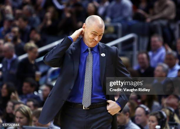 Head Coach Rick Carlisle of the Dallas Mavericks looks on during the first half of an NBA game against the Toronto Raptors at Air Canada Centre on...
