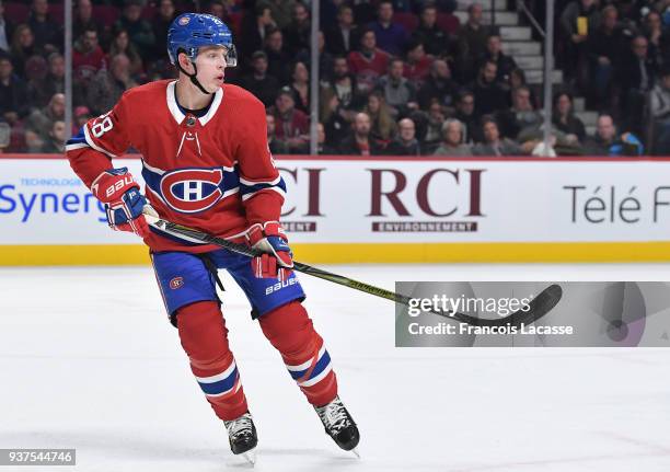 Mike Reilly of the Montreal Canadiens skates for position against the Pittsburgh Penguins in the NHL game at the Bell Centre on March 15, 2018 in...