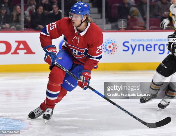 Jacob De La Rose of the Montreal Canadiens skates against the Pittsburgh Penguins in the NHL game at the Bell Centre on March 15, 2018 in Montreal,...