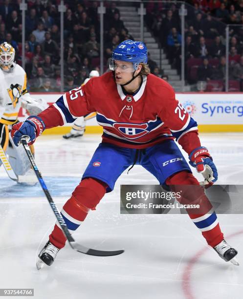 Jacob De La Rose of the Montreal Canadiens defends against the Pittsburgh Penguins in the NHL game at the Bell Centre on March 15, 2018 in Montreal,...