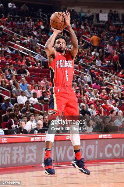 Larry Drew II of the New Orleans Pelicans shoots the ball against the Houston Rockets on March 24, 2018 at the Toyota Center in Houston, Texas. NOTE...