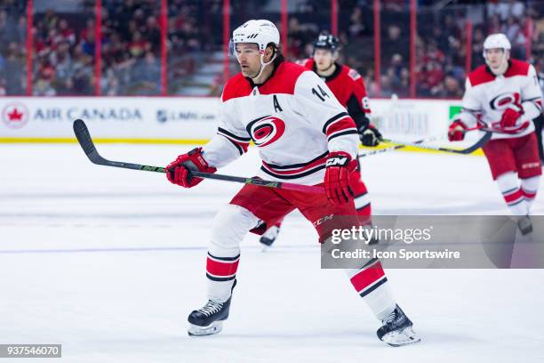 Carolina Hurricanes Right Wing Justin Williams skates tracking the play during second period National Hockey League action between the Carolina...
