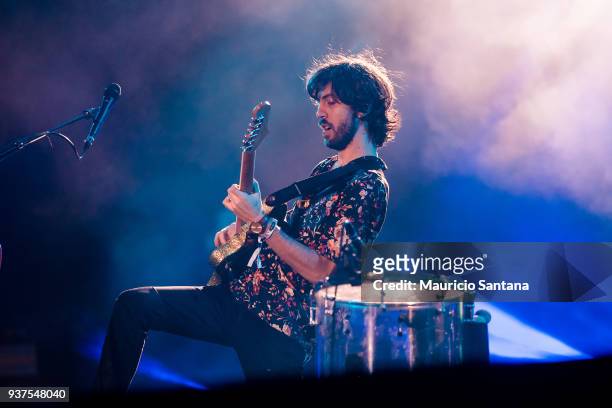 Wayne Sermon guitarist member of the band Imagine Dragons performs live on stage during the second day of Lollapalooza Brazil Festival at Interlagos...
