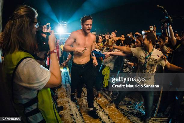 Dan Reynolds singer member of the band Imagine Dragons at the crowd during the second day of Lollapalooza Brazil Festival at Interlagos Racetrack on...