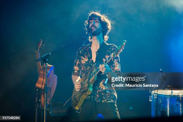 Wayne Sermon guitarist member of the band Imagine Dragons performs live on stage during the second day of Lollapalooza Brazil Festival at Interlagos...