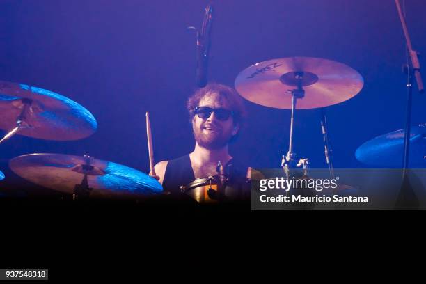 Daniel Platzman drummer member of the band Imagine Dragons performs live on stage during the second day of Lollapalooza Brazil Festival at Interlagos...
