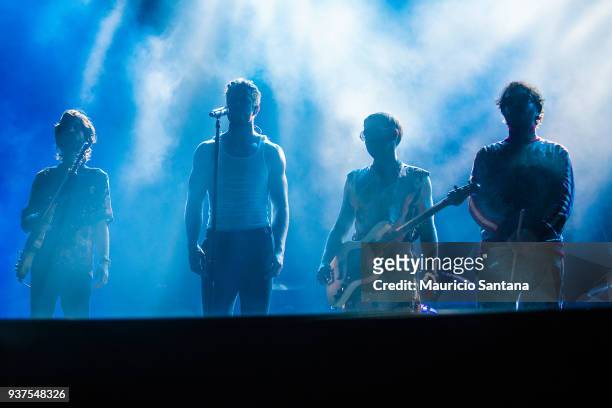 Wayne Sermon, Dan Reynolds, Ben McKee and Daniel Platzman members of the band Imagine Dragons performs live on stage during the second day of...