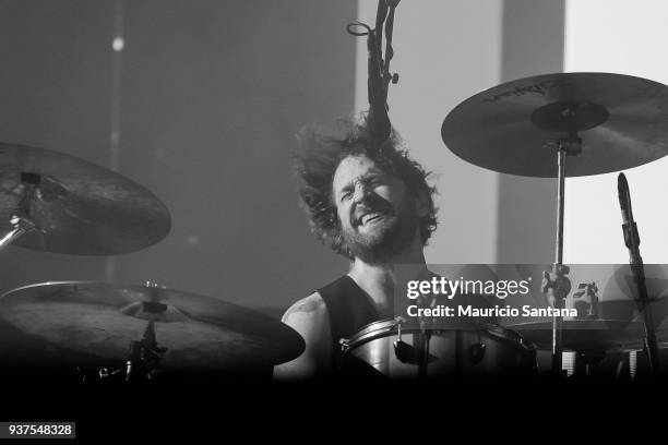 Daniel Platzman drummer member of the band Imagine Dragons performs live on stage during the second day of Lollapalooza Brazil Festival at Interlagos...