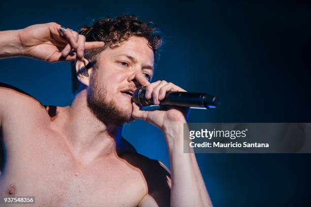 Dan Reynolds singer member of the band Imagine Dragons performs live on stage during the second day of Lollapalooza Brazil Festival at Interlagos...