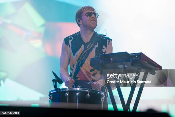Ben McKee member of the band Imagine Dragons performs live on stage during the second day of Lollapalooza Brazil Festival at Interlagos Racetrack on...