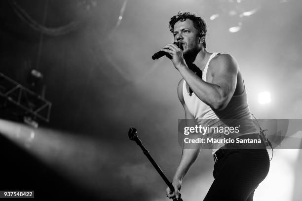 Dan Reynolds singer member of the band Imagine Dragons performs live on stage during the second day of Lollapalooza Brazil Festival at Interlagos...