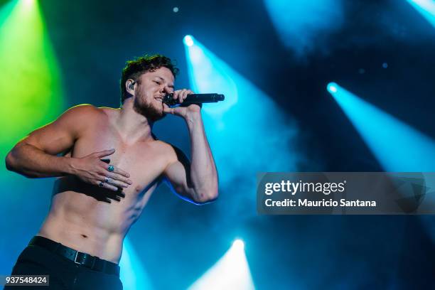 Dan Reynolds singer member of the band Imagine Dragons performs live on stage during the second day of Lollapalooza Brazil Festival at Interlagos...