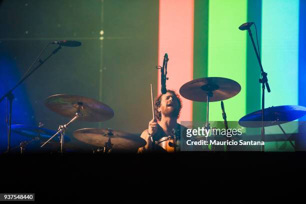 Daniel Platzman drummer member of the band Imagine Dragons performs live on stage during the second day of Lollapalooza Brazil Festival at Interlagos...