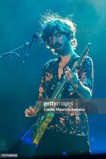 Wayne Sermon guitarist member of the band Imagine Dragons performs live on stage during the second day of Lollapalooza Brazil Festival at Interlagos...