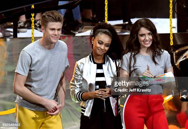 Owen Joyner, Dani Perkins and Lilimar Hernandez speak onstage at Nickelodeon's 2018 Kids' Choice Awards at The Forum on March 24, 2018 in Inglewood,...