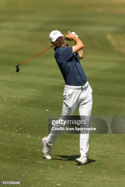 Jorden Spieth watches his fairway wood shot hit the green setting up an eagle opportunity during the WGC-Dell Technologies Match Play Tournament on...