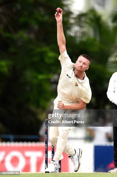 Jackson Bird of Tasmania bowls during day three of the Sheffield Shield Final match between Queensland and Tasmania at Allan Border Field on March...