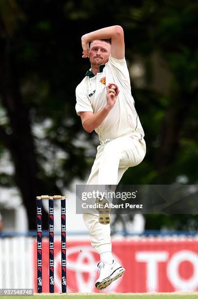 Jackson Bird of Tasmania bowls during day three of the Sheffield Shield Final match between Queensland and Tasmania at Allan Border Field on March...