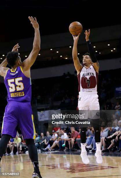 Olivier Hanlan of hte Austin Spurs shoots the ball against the South Bay Lakers during the NBA G-League on March 24, 2018 at the H-E-B Center At...