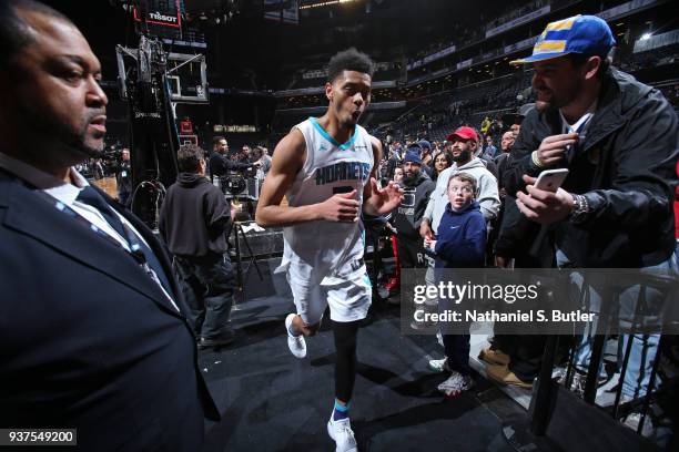 Jeremy Lamb of the Charlotte Hornets heads to the locker room after the game against the Brooklyn Nets on March 21, 2018 at Barclays Center in...