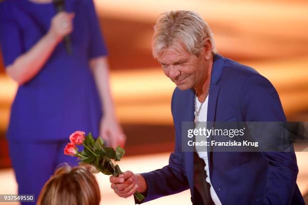 Singer Matthias Reim performs during the tv show 'Willkommen bei Carmen Nebel' on March 24, 2018 in Hof, Germany. The show will be aired on March 24,...